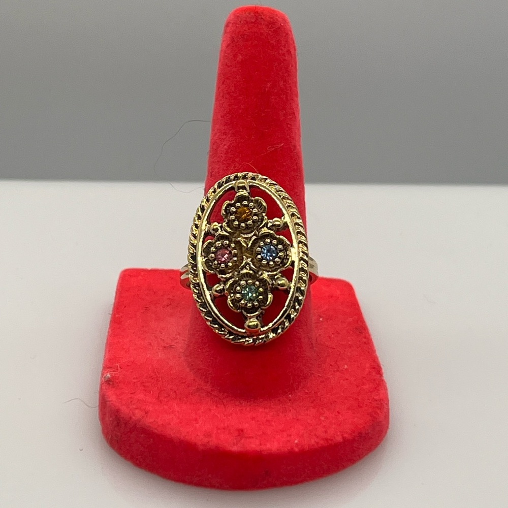 Vintage Signed EMMONS Gold-Tone Filigree Ring Multi-Color Rhinestone Adjustable
